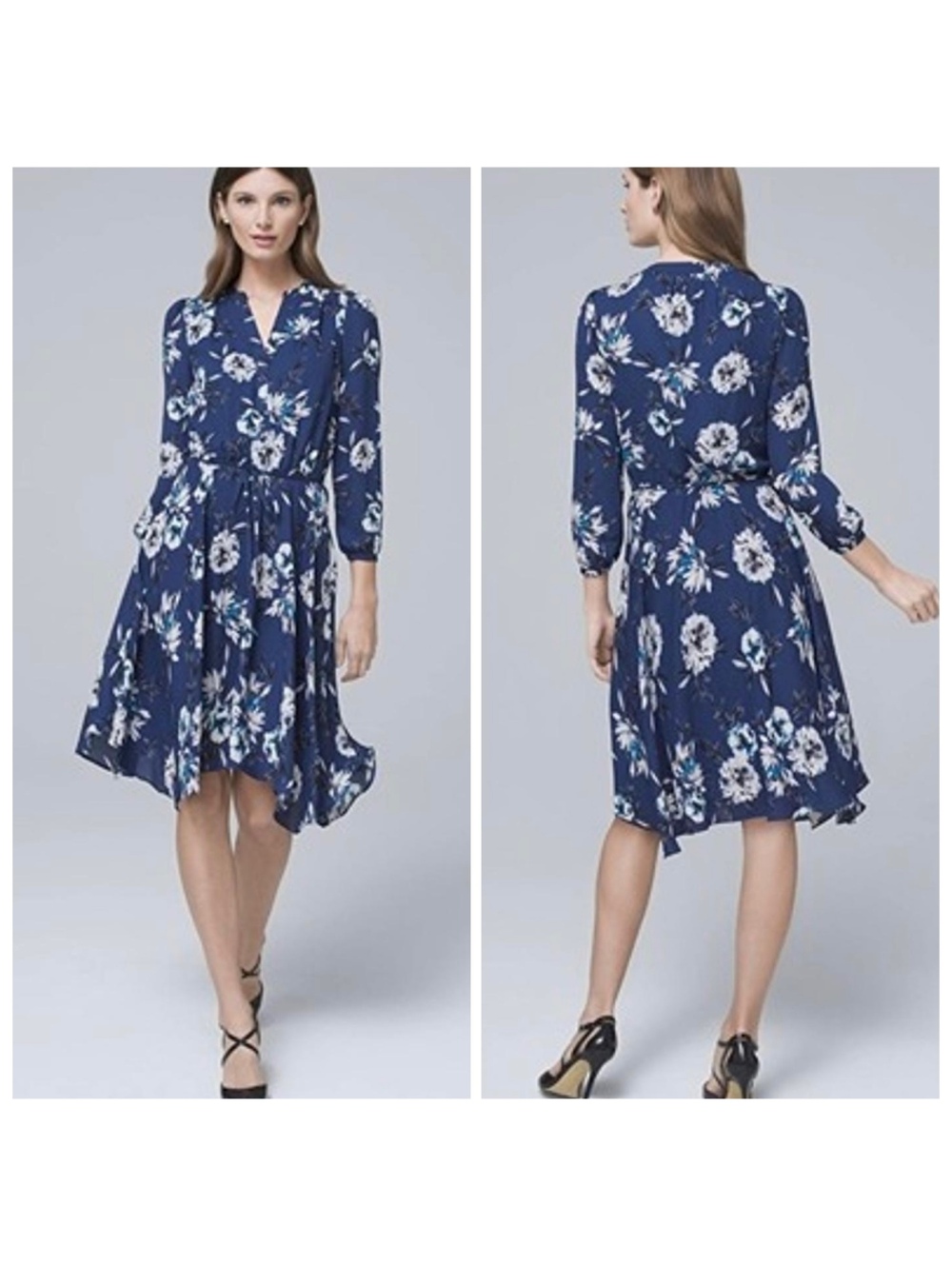 WHBM Blue Floral Blouson Midi Dress Size 4